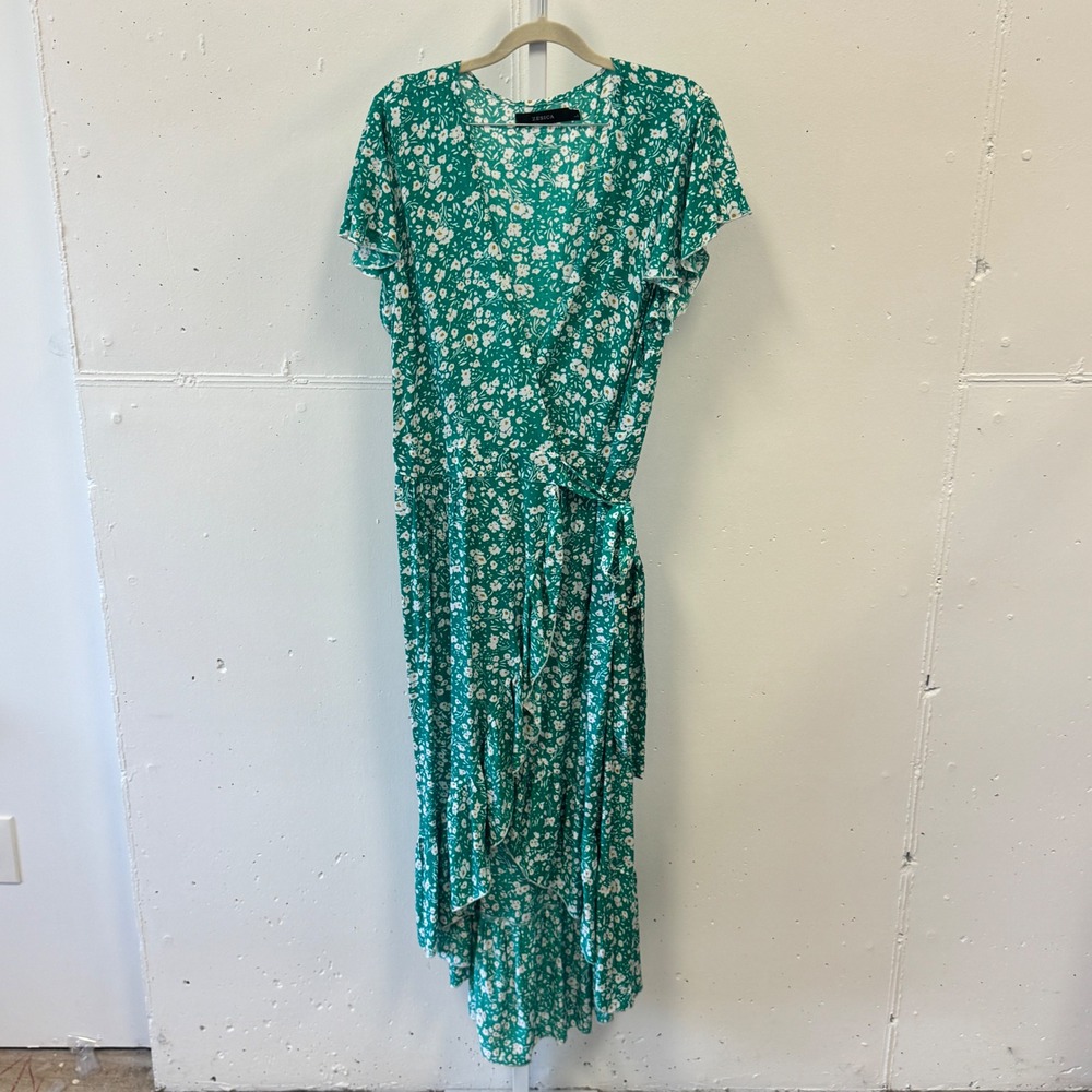 Zesica Green Floral Wrap Dress High Low Ruffle Short Sleeve Rayon Size‎ Large